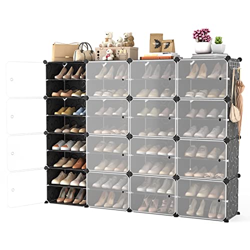 Portable Shoe Rack with Door, 64 Pairs Cabinet Easy Assembly, Plastic Adjustable Shoe Storage Organizer Stackable Detachable Free Standing DIY Expandable 8 Tier Black - color: Black, size: 64" Wide-64 Pairs