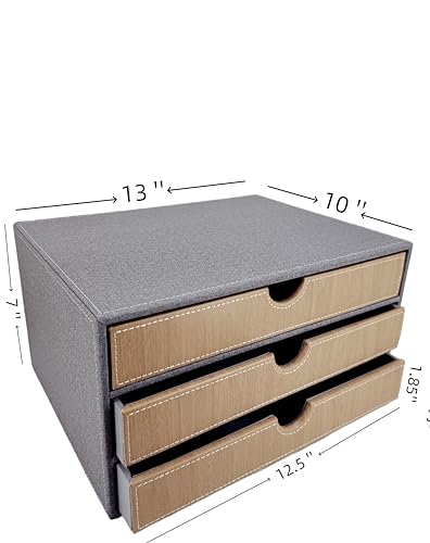 3-Drawer Leather Desk Organizer with A4 File Holder-Stackable Modular Storage Box for Office Supplies,Files,Bills & Jewelry-Space-Saving Design for Home Office,Desk & Workspace(Grey Cloth) - color: grey cloth