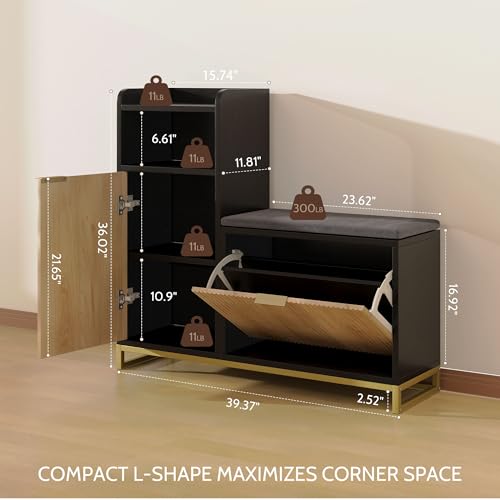 L-Shaped Shoe Storage Bench with Cushioned Seat & 2 Flip Drawer, 39'' Entryway Bench with Wave Door & Adjustable Shelves, Farmhouse Bench Cabinet for Entryway, Hallway (Natural & Black) - color: Natural & Black, size: 39" Inch