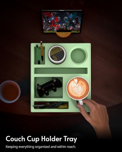 Couch Cup Holder Tray - Couch Organizer Caddy, Silicone Beach Caddy with Cup Holder, Sofa and Bed Drink Holder and Couch Tray Table for Snacks Beverage Remote (Green) - color: Green