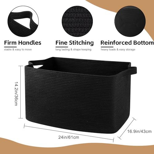 OIASKET 95L Extra Large Blanket Basket, 24" x 16.9" x 14.2" Woven Storage Basket for Living Room, Rectangle Nursery Blanket Storage for Toys, Towels, Dirty Clothes (Black) (Pack of 2) - color: Black, size: 24"x16.9"x14.2" (Pack of 2)