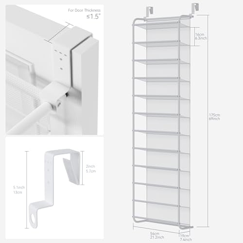 Whitmor 36 Pair Over The Door Shoe Organizer, 12 Tier Hanging Shoe Organizer, Heavy Duty Metal & Mesh Shoe Holder, Hanging Shoe Rack for Closet Organizer & Storage, 69"L x 21.7"W x 7.5"H, Matt White - color: Matt Finish White, size: Shoe Rack