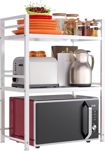 DOLALIKE Microwave Oven Rack, Expandable Microwave Stand Kitchen Countertop Organizer Utensils Storage, Carbon Steel Over Microwave Shelf with 3 Hooks (White, 3 Tier) - color: White, size: 3 Tier (Without Spice Rack)