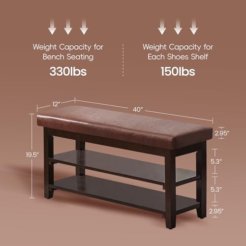 40" Shoe Bench with Leather Cushion, 2-Tier Shoe Rack Entryway Bench, Wood Bench for Front Door Entrance, Mudroom, Hallway, Wooden Shoe Shelves, Shoe Organizer, Shoe Storage, Brown - color: Brown