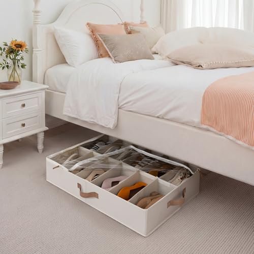StorageWorks Underbed Shoe Storage Organizer for Closet, 2-Pack Under Bed Shoe Organizer with Bottom Support and Adjustable Dividers, Fits up to 24 Pairs, Beige - color: Beige, style: Adjustable Divider