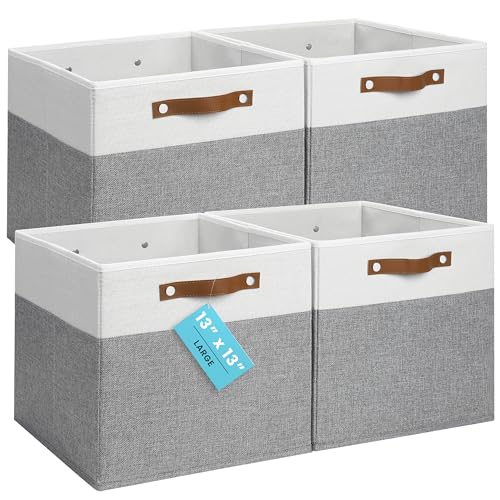 OrganiHaus 13" x 13" x 13" Cube Fabric Storage Bins Set of 4, Fabric Storage Cubes w/ Vegan Handles, 13 inch Collapsible Bins for Clothes & Toys Organizer, 13x13 Basket for Decor - Grey/White - color: Gray Base / Off-White, size: (13x13) Leather Handles