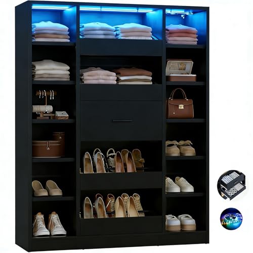 Besiost 40" Closet System with LED Lights, Wooden Closet Organizer with Drawers & Shelves, Versatile Closet Storage Tower for Walk-in Closets, Shoe Rack and Handbag Storage Cabinet, Black - color: Black