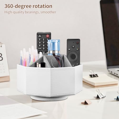 YAPISHI Swivel Remote Control Holder,9 Rooms Desk Organizer and Decorations for Living Room,Leather Bedside Storage Caddy for TV Controllers/Makeup Brush Pen/Office Stationery/Art Supplies/Eyeglasses - color: White