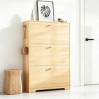 Nicetree Shoe Cabinet with 2 Flip Drawers，Freestanding Shoe Storage Cabinet, Narrow Shoe Organizer Cabinet, Farmhouse Slim Shoe Rack Cabinet for Entryway,Natural Oak with Hook - color: Natural Oak, style: 3-Drawers with Hook