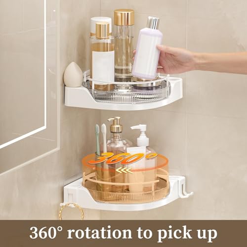 360°Rotating Corner Shower Caddy(2-Pack), No-Drill Adhesive Shower Shelf Organizer with Hooks, Lazy Susan Bathroom Storage for Bathtub, Shower Corner & Kitchen Sink, Space Saving Bathroom Organizer - color: Cream White