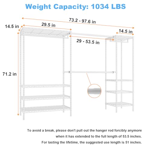 Ulif E11 Heavy-Duty Garment Rack, Metal Freestanding Clothes Rack and Closet Storage Organizer with 8 Shelves and 4 Hanger Rods, (73.2-97.6)" W x 14.5" D x 71.2" H, Load 1034 LBS, White - color: White