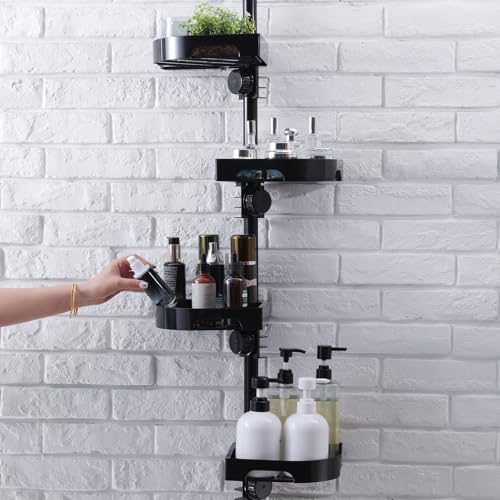 shuang qing 4-Tier Corner Shower Caddy Tension Pole Organizer - Adjustable Rustproof Metal Tension Pole, Plastic Shelves with Safety Guardrail, Bathroom Storage for Shower & Bathtub(Black) - color: Black, size: No Rotation