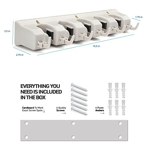 HOME IT Mop And Broom Holder Wall Mount - Garage Storage Systems with 5 Slots, 6 Hooks, 7.5lbs Capacity Per Slot - Garden Tool Organizer For Home, Kitchen, Closet, Garage, Laundry Room - Off-White - color: Off-White, size: 1 Pack 5-position, 6-Hooks