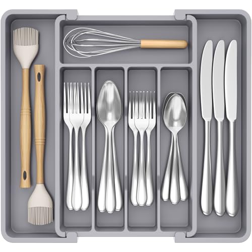 Lifewit Silverware Drawer Organizer, Expandable Utensil Tray for Kitchen, BPA Free Flatware and Cutlery Holder, Adjustable Plastic Storage for Spoons Forks Knives, 8.5-14 x 12", Gray - color: Gray, size: Medium (8.5-14''W x 12''D)