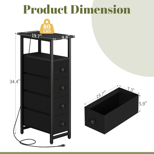 Yoobure LED Narrow Nightstand with Charging Station - Slim Dresser for Bedroom Narrow Side Table Storage Cabinet, Small Dressers Chest of Drawers, Tall Skinny Night Stand End Table for Small Spaces - color: Black