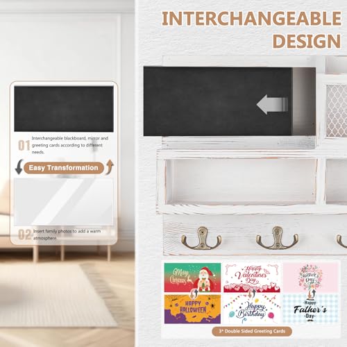 Key Holder Wall Mount, Wooden Mail and Key Organizer with Chalkboard and Mirror, 3 Greeting Cards, 8 Hooks, White - color: White