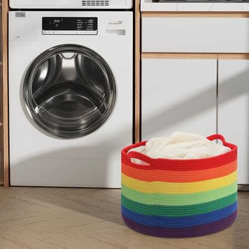 Large Blanket Basket (20"x13"),Woven Basket for Storage Dirty Clothes Basket for Laundry, Living Room, Nursery, Bedroom Rope Storage Basket for Blankets（Rainbow) - color: Rainbow