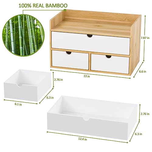 Desk Organizer with Drawers - Bamboo Desktop Organizer Storage | Natural-White Wood Desk Drawers Organizer for Bills, Office Supplies, Cosmetics, Seals No Assembly Required - color: 2 Natural-White, size: 13”L x 6.6”W x7.87”H