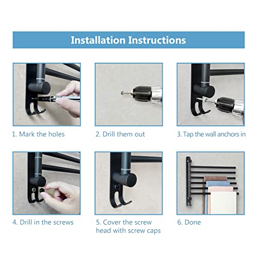 Space Saving Towel Rack JSVER Black Space Saving Towel Holder, Towel Rack Wall Mounted, Swivel Hand Towel Holder, 6-Arms Towel Bar, Towel Racks for Bathroom - color: Black 6 Arms