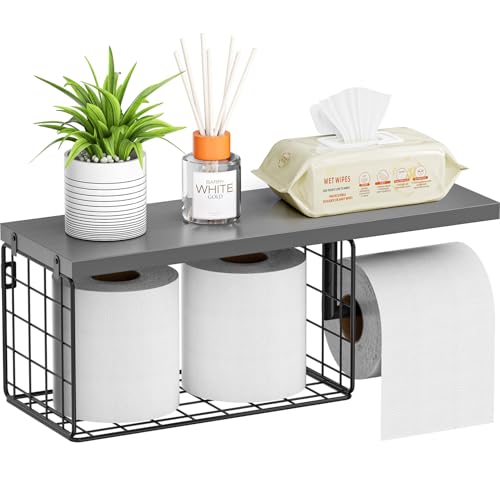 VITVITI Toilet Paper Holder with Shelf, Wall Mounted Toilet Paper Storage Basket, Wood Metal Toilet Roll and Wipes Holder for Bathroom Farmhouse (Gray) - color: Gray