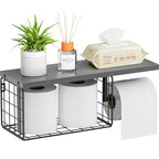 VITVITI Toilet Paper Holder with Shelf, Wall Mounted Toilet Paper Storage Basket, Wood Metal Toilet Roll and Wipes Holder for Bathroom Farmhouse (Gray) - color: Gray