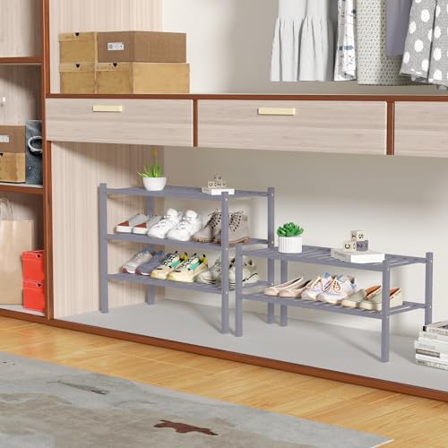 ROMGUAR CRAFT 3 Tier Bamboo Shoe Rack for Closet Free Standing Wood Shoe Shelf Storage Organizer for Entryway Small Space Stackable 27"x11"x20" (Grey) - color: Grey, size: 3 Tier