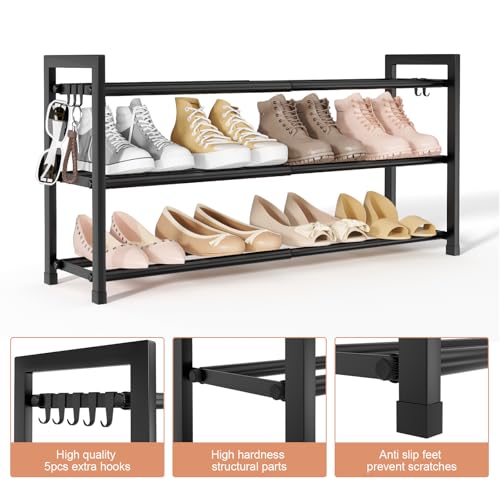 LANTEFUL Adjustable 18"-33" Expandable Shoe Rack for Closet 12 Pairs Small Spaces 3 Tier Shoe Organizer with 5 Hooks Metal Shoe Shelf for Entryway, Bedroom