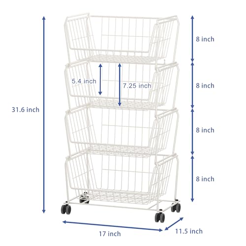 PUSDON 4-Tier Spacious Stackable Wire Storage Baskets with Wheels, Metal Rolling Utility Cart, Produce Basket for Pantry, Bathroom Organizer Shelf, Classic White - color: White, size: 4 Tier Standard