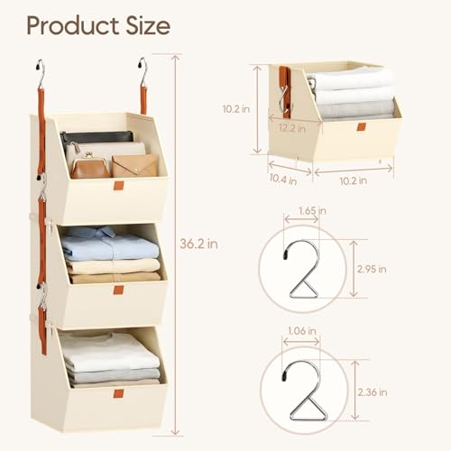 Homsorout Collapsible Hanging Closet Organizer - 3 Tier Closet Shelves Storage System with Hooks, Fabric Hanging Storage Bins for Clothes, Foldable Storage Basket for Laundry, Bedroom, Rv, Beige - color: Beige, size: 3 shelves