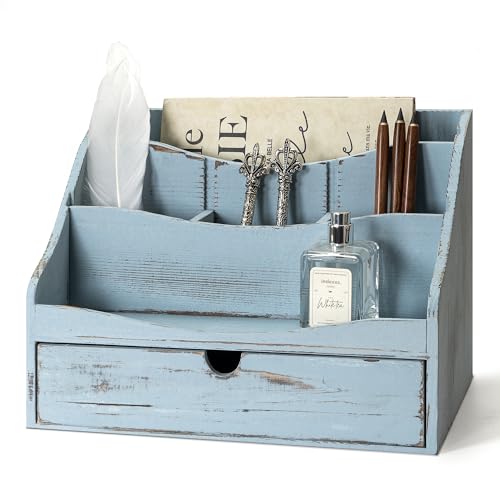 Rebee Vision Pine Wooden Mail Organizer for Desk - Rustic Farmhouse Mail Holder for Desk Organization with Drawer & Dividers - 4-Slot Letter Sorter, File Storage & Home Office Decor (Blue) - color: B-Blue
