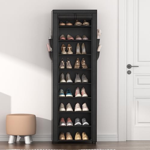 VILICK Shoe Rack with Cover Narrow Shoe Organizer with 4 Side Pockets 10 Tier Tall Shoe Storage Holds 18-22 Pairs Shoes and Boots Shoe Rack for Closet Entryway Garage - color: Black, size: 10 Tiers-17.7" Wide