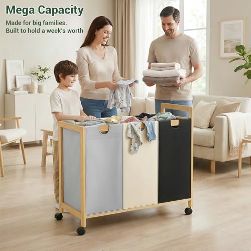 Homykic 250L Laundry Sorter Cart with Wheels, 3-Section Rolling Laundry Basket with Removable Bags, 66 Gal Large Laundry Hamper Organizer, Heavy Duty Bamboo Frame, Water-Resistant, Multicolor - color: Multicolor