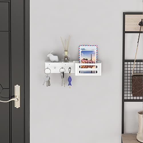 MKO Key Holder for Wall, 12.2In Mail Organizer Holder with Shelf, Metal Key Rack Adhesive Wall Mount, White - color: White with Shelf