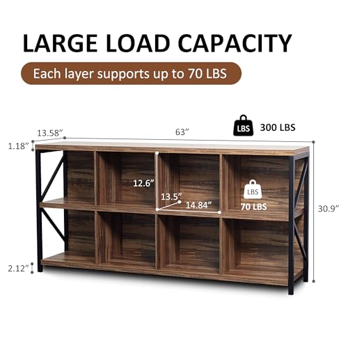 8 Cube Storage Organizer Bookshelf, Industrial Horizontal Bookcase, Accent Cubby Shelf, Media Console Table for Living Room, Home Office, 13.6" D x 63" W x 30.9" H, Light Oak - color: Light Oak, size: 8 Cube- 2 Tier