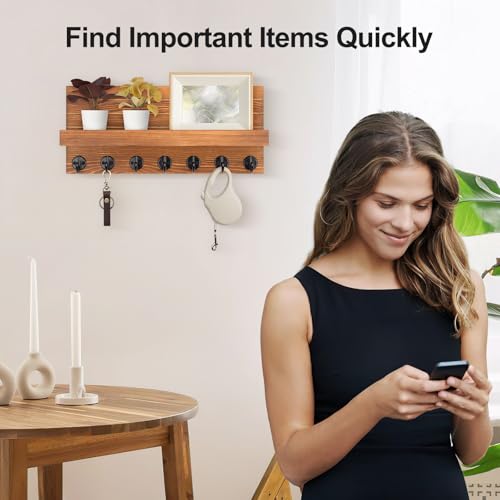 Lwenki Key Holder Wall Mount, Entryway Key and Mail Holder with 7 Sturdy Hooks for Sunglasses, Dog Leash, Decorative Wall Shelf with Mounting Hardware, 15”W x 6.7”H x 4.2”D - color: Burnt Wood