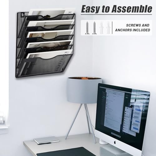 EASEPRES 5 Pocket Mesh Hanging Wall File Organizer, Wall Mounted Mail Paper Document Folder Holder, Clipboard Storage Organization Magazine Rack with Nametag Label for Office Home School, Black - color: Black, size: 5 Tier