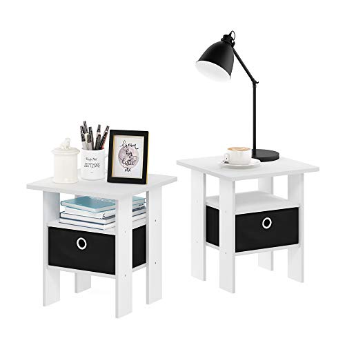 Furinno Andrey Set of 2 End Side Night Stand/Bedside Table with Bin Drawer, 2-Pack, White/Black - color: White/Black, size: 2-Pack, Center Bin