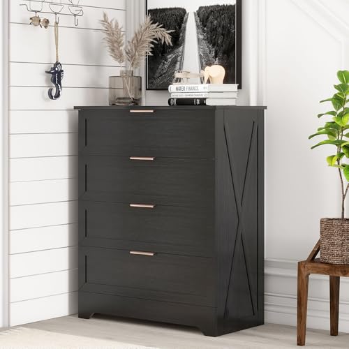 FTZxHKLX Modern 4 Drawer Dresser for Bedroom, Tall Bedroom Dresser with Large Drawer & Rose Gold Handles, Wooden Storage Organizer Cabinet Chest of Drawer for Closet, Living Room, Hallway, Black - color: Black