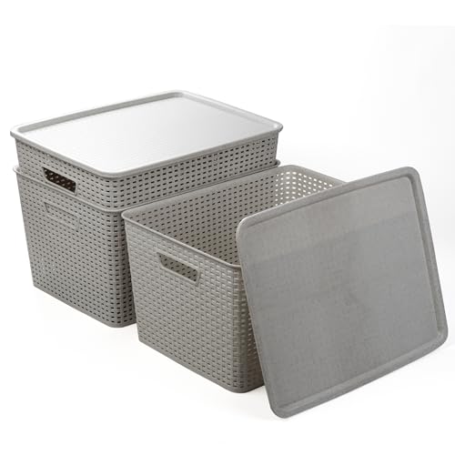 BINO | Plastic Storage Baskets with Lids, 33 Liter - 3 Pack, Natural Grey | THE WOVEN COLLECTION | Storage Basket for Shelves | Woven Storage Baskets for Organizing Bins | Pantry Shelf Organizer Bin - color: Natural Grey, size: 33L | 3-Pack