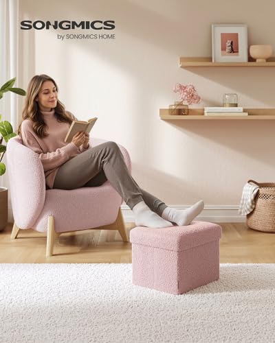 SONGMICS Small Folding Storage Ottoman, Foot Rest Stool, 12.2 x 16.1 x 12.2 Inches, Ottoman with Storage, Load up to 286 lb, for Living Room, Bedroom, Dorm, Jelly Pink ULSF094R01 - color: Jelly Pink, style: Teddy Fleece