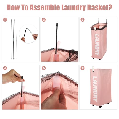VOCOSTE Laundry Basket With Wheels, 27" Tall Rolling Laundry Basket, 55L Slim Laundry Hamper on Wheels, Narrow Laundry Hamper for Closet, Clothes Hamper with Handle for Corner Dorm, Pink