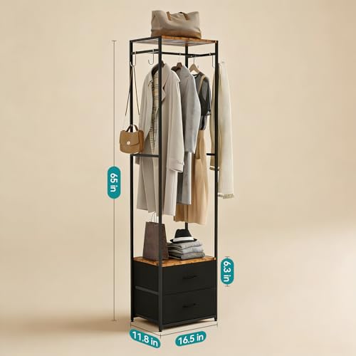 Closet Organizer with Drawers, Narrow Wardrobe Storage Rack, Small Clothes Rack with Shelf for Wardrobe and Bedroom, Closet Storage