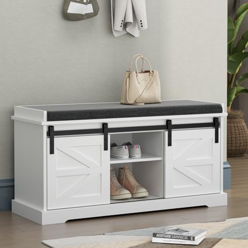 Loomie Shoe Storage Bench, 2-Tier Farmhouse Entryway Bench with Sliding Barn Door Storage Cabinets & Full Soft Removable Seat Cushion, Silm Shoe Rack with Shoe Cabinet for Entryway, Hallway, Bedroom