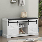 Loomie Shoe Storage Bench, 2-Tier Farmhouse Entryway Bench with Sliding Barn Door Storage Cabinets & Full Soft Removable Seat Cushion, Silm Shoe Rack with Shoe Cabinet for Entryway, Hallway, Bedroom