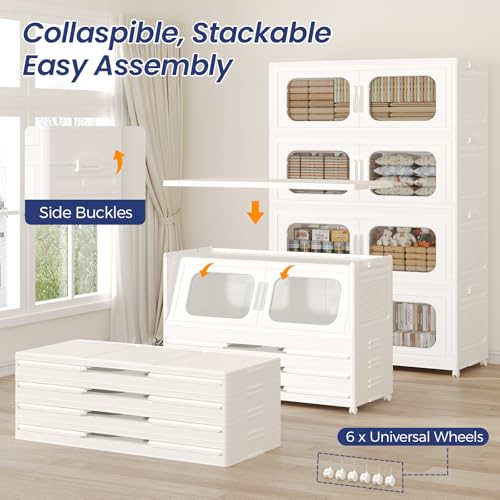 250Gal Extra Large Stackable Storage Bins with Lid & Wheels & Doors, 200QT/50GAL 5-Tiers Collapsible Closet Organizers Plastic Containers Drawers Boxes for Home Kitchen Bedroom, White - color: White, size: 50Gal-5Pack