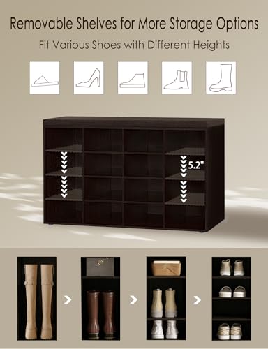 DINZI LVJ Shoe Storage Bench with Cushion, 16-Cubby Shoe Rack, Adjustable Shelves, Multifunctional Shoe Organizer Bench for Entryway, Mudroom, Hallway, Living Room, Bedroom and Garage, Espresso - color: Espresso, size: 16 Cubby