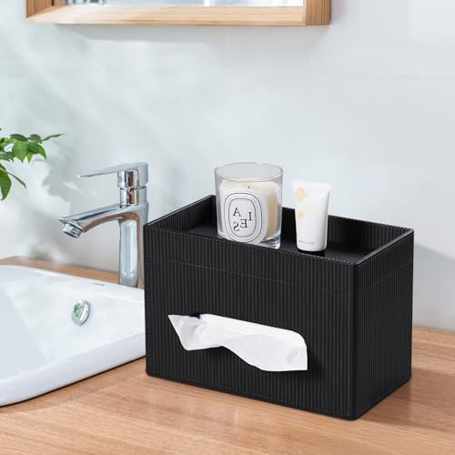 Tissue Box Cover Rectangle with Storage Tray, PU Leather Tissue Holder for Bathroom Vanity Countertop Night Stands Bedroom Office Desk, Stylish Rectangular Tissue Box Holder (Black) - color: Black