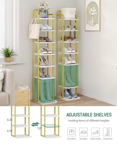 Hzuaneri 8 Tiers Vertical Shoe Rack, Narrow Shoe Tower, Tall Shoes Shelf with 2 Hooks, Adjustable Shelves, Corner Shoes Shelves for Small Spaces, Entryway, Living Room, White Gold SR04313A - color: White Gold, size: 8 Tier(11.8"D x 10.4"W x 53.2"H)