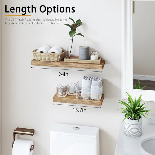 INHABIT UNION Oak Floating Shelves Wood for Wall 15.7in Wall Mounted Display Ledge Shelves Perfect for Bedroom, Bathroom, Living Room and Kitchen Decoration Storage (Set of 2) - color: Oak, size: 15.7 Inch