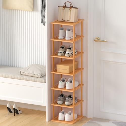 MHXW SXPN Bamboo Free Standing Shoe Rack Shelf Multi Tier Tall Wooden Stackable Shoes Rack Organizer for Closet Front Door Entrance Narrow Vertical Shoe Storage (Nature, 7 Tiers) - color: Nature, size: 7 Tiers